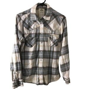 Shyanne cotton spandex light gray plaid button down long sleeve shirt size Small